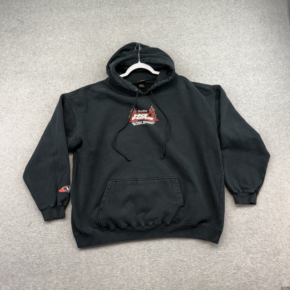 Y2K Black No‎ Fear Hoodie Mens XL Pullover Fleece Sweatshirt SoBe Graphic RARE
